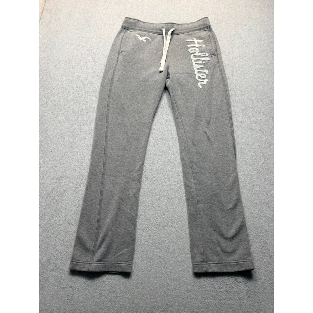 Hollister Mens Logo Sweatpants Gray Drawstring Straight Leg Fleece Joggers S